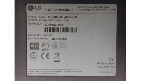 Монітор LG Electronics W1934S-SN 19" 1440x900 VGA - монітор Б/В