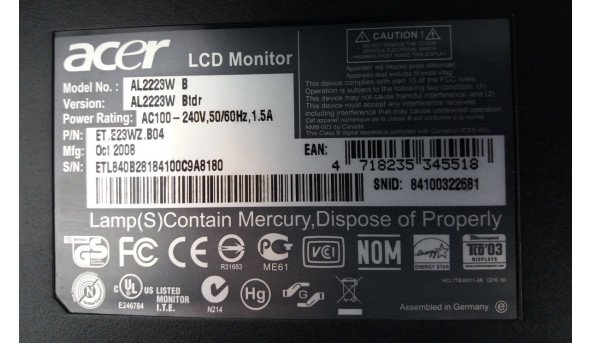 Монітор Acer AL2223W 22" 1680x1050 16:10 5мс VGA DVI CCFL - монітор Б/В
