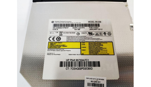 CD/DVD привід для ноутбука, SATA, HP EliteBook 8560P, SN-208, 651042-001, 657534-FC1, Б/В, є незначна вмятина - 297189