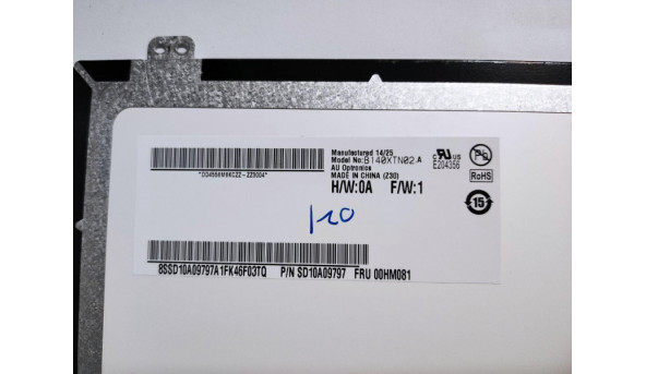Матриця AU Optronics, B140XTN02.4, LCD, 14.0", 30 pin, HD 1366x768, Slim, б/в, Є подряпина та засвіти, помітні на всіх кольорах, відсутня стрічка (фото) - 301858