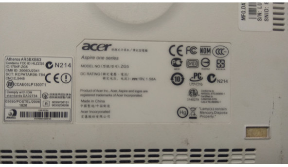 Нижняя часть корпуса для ноутбука Acer Aspire One, 10.1 ", 3RZG5BSTN200, Б / У. В хорошем состоянии, без повреждений - 304231