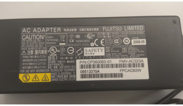 Зарядка для ноутбука Fujitsu, Model: FMV-AC323A, Input: 100-240V-1. 35-0. 6A, 50-60Hz, Output: 19V-5. 27A, CP360063-01, Оригинал - 307176
