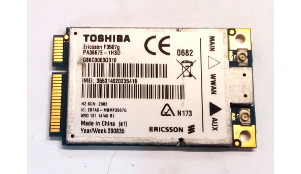 3G модем для ноутбука Toshiba Portege R600-101, PPR61E-005003GR, ERICSSON F3507G, TVK1282664, Б/В, у хорошому стані, без пошкоджень.