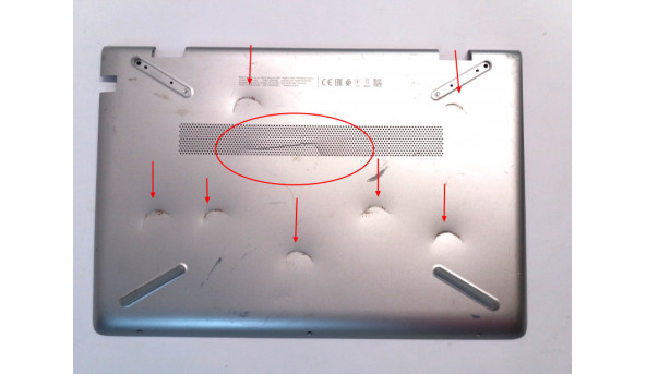 Нижня частина корпуса для ноутбука HP Pavilion 14-BF, 14-bf001nd, AP22R000400, Б/В, кріплення всі цілі, деформована, трішина на решітці.