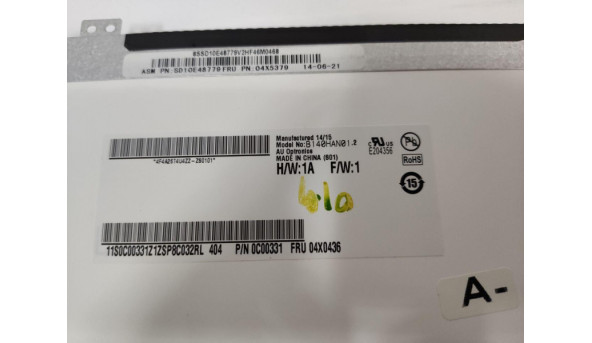 Матриця AU Optronics, B140HAN01.2, 14.0'', LED, FHD 1920x1080, IPS, 30-pin, Slim, стан нової, Має незначні засвіти, при роботі непомітні - 312888