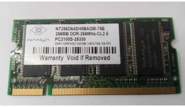 Оперативна память DDR, 333, МГц, 256 Мб, 2100S, SODIMM, Б/В