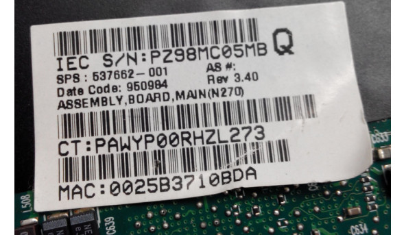 Материнська плата для ноутбука HP Mini 110, 1101, Compaq Mini CQ10 Series, 537662-001, стартує, б/в. - 314364