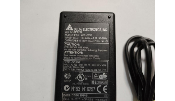 Зарядка, блок живлення для ноутбука Delta Electronics, Model: ADP-50SB, Input: 120-240V--1.5A, 50-60Hz, Output: 19V- 2.64A, 50W, Б/В - 315977