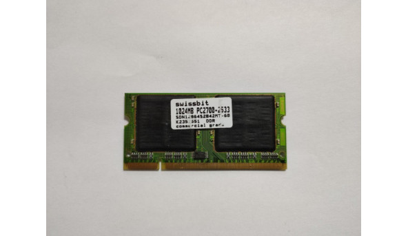 Оперативна пам'ять для ноутбуків SWISSBIT PC2700s, 2533, 1024 MB, DDR, 333MHz, CL2.5, SO-DIMM, робоча, б/в. робоча - 317302