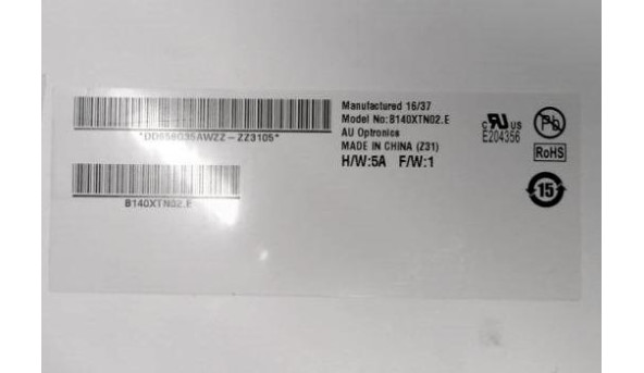Матриця AU Optronics B140XTN02.E, 14.0", 30-pin, LED, WXGA, 1366x768, Slim, Б/В. - 318146