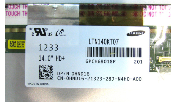 Матриця LTN140KT07-201 Samsung 14.0" WXGA++ 1600x900 LED 40 pin socket mate Б/В