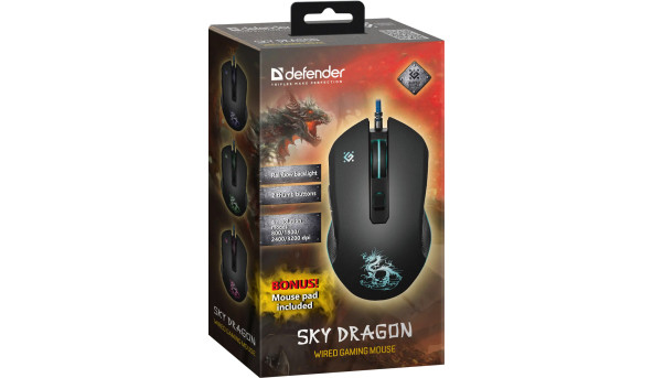 Мишка Defender Sky Dragon GM-090L, 6кн., 3200dpi, (+килимок) підсвітка - 565144