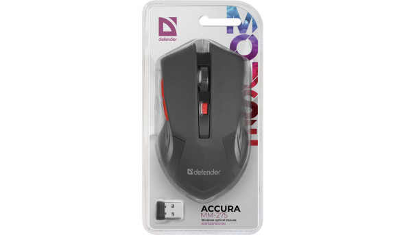 Мишка Defender Accura MM-275, бездротова, 6 кн. до 1600 dpi, червоний - 565675