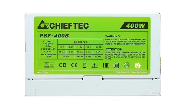 БЖ 400W Chieftec SMART PSF-400B, 80 mm, ~85%, Bulk