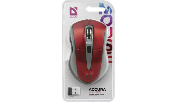 Мишка Defender Accura MM-965, бездротова, 6 кн. до 1600 dpi, червона - 567188