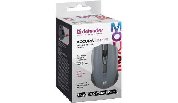 Мишка Defender Accura MM-935, бездротова, 4кн., до 1600dpi, сіра - 568028