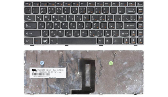 Клавіатура для ноутбука Lenovo IdeaPad (Z450, Z460, Z460A, Z460G) Чорна, (Сіра рамка), RU