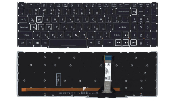 Клавіатура для ноутбука Acer Predator Helios 300 PH315-52 з підсвіткою (White Light), Black, (No Frame), RU. Увага, вузький шлейф!