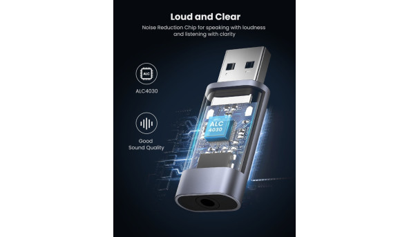 Звукова карта USB AUX jack, TRRS (Mic & Ear), ALC4030 Ugreen Сіра CM383