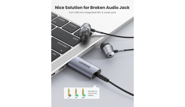 Звукова карта USB AUX jack, TRRS (Mic & Ear), ALC4030 Ugreen Сіра CM383