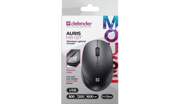 Мишка Defender Auris MB-027, бездротова, 3 кн. до 1600 dpi, безшумна, чорна - 573568