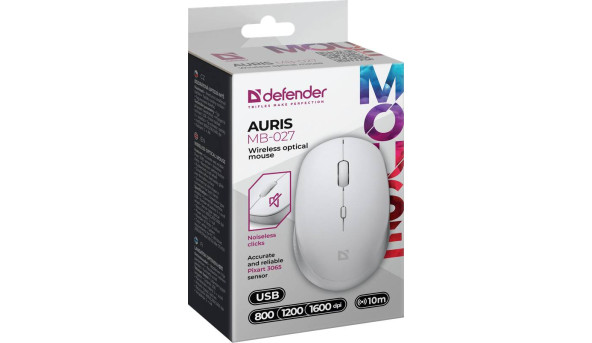 Мишка Defender Auris MB-027, бездротова, 3 кн. до 1600 dpi, безшумна, біла