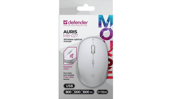 Мишка Defender Auris MB-027, бездротова, 3 кн. до 1600 dpi, безшумна, біла