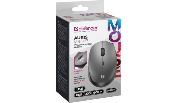 Мишка Defender Auris MB-027, бездротова, 3 кн. до 1600 dpi, безшумна, сіра - 573574