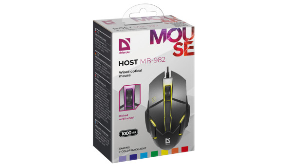 Мишка Defender Host MB-982, 3 кн., 1000 pdi, 7 кол. підсвітки, чорна - 573830