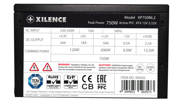 БЖ 750W Xilence XP750R6.2_Bulk Performance C+ 120mm, 80+ White, Bulk