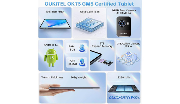 Планшет Oukitel OKT3 10.51" FHD /8GB/256GB/ T616 / 8250mAh / 16+8Мп / Dual SIM / LTE Grey