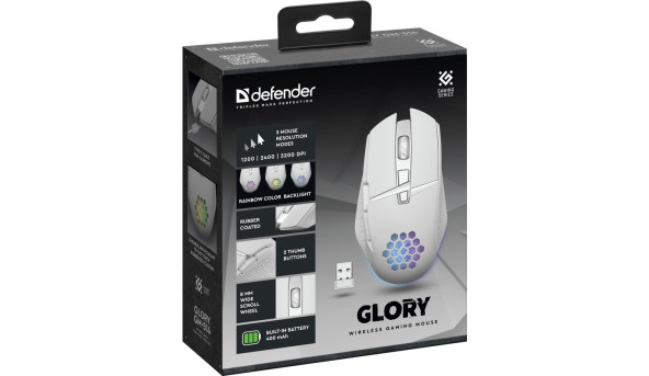 Мишка Defender Glory GM-514, ігрова, бездротова 3200dpi., 6кн., LED біла - 575402