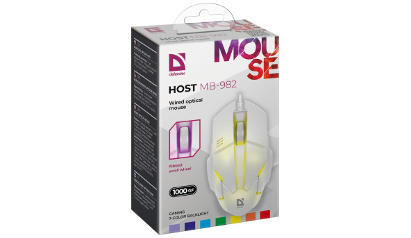 Мишка Defender Host MB-982, 3 кн.,1000 dpi, 7 кольорів, біла