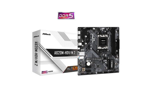 ASRock A620M-HDV/M.2 (AM5/A620, 2*DDR5, PCIex16, DP/HDMI, 2xSATAІІІ, 2xM.2, GLan, 8ch, mATX)