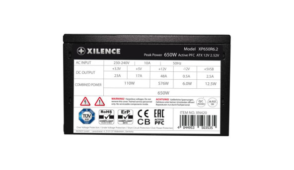 БЖ 650W Xilence XP650R6.2 Performance C+ 120mm, 80+ White, Retail Box - 576323
