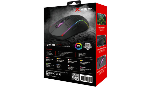 Мишка XTRIKE ME GW-611, ігрова бездротова 8000dpi., 7кн., RGB, чорна - 576511
