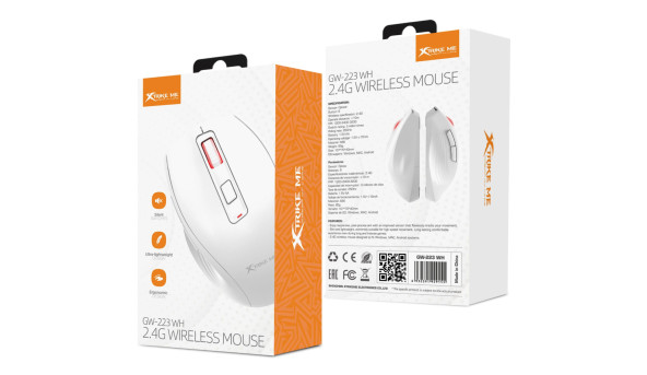Мишка XTRIKE ME GW-223, бездротова 2,4Ггц 3200dpi., 6кн., біла - 576745