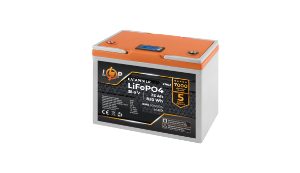 Акумулятор LP LiFePO4 25,6V - 32 Ah (820Wh) (BMS 60А/30A) пластик LCD для ДБЖ