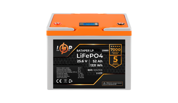 Акумулятор LP LiFePO4 LCD 24V (25,6V) - 52 Ah (1331Wh) (BMS 60A/30А) пластик