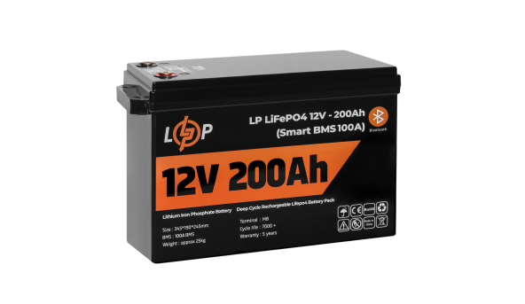 Акумулятор LP LiFePO4 12V (12,8V) - 200 Ah (2560Wh) (Smart BMS 150А) з BT пластик - 580979