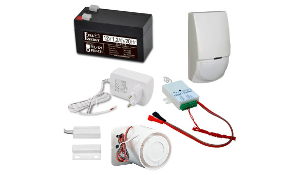 Комплект охоронної GSM сигналізації з GSM-Лайка, датчиком руху, герконом, сиреною, акумулятором, блоком живлення