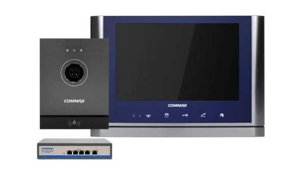 Комплект видеодомофона CIOT-1020M + Commax CIOT-D20M (A) c коммутатором на 4 порта, Blue + Dark Silver