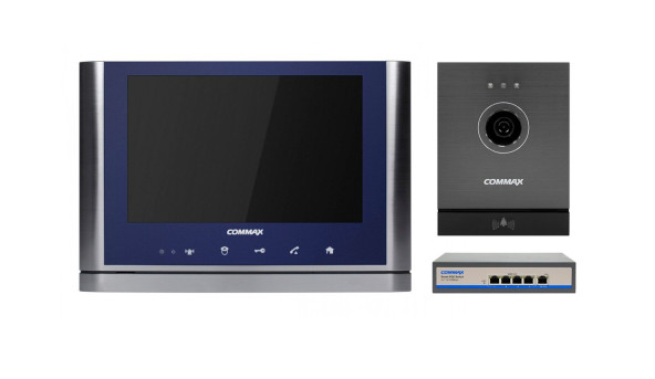 Комплект видеодомофона CIOT-1020M + Commax CIOT-D20M (A) c коммутатором на 4 порта Blue + Dark Silver