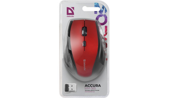 Мишка Defender Accura MM-365, бездротова, 6 кн. до 1600 dpi, червона - 594055