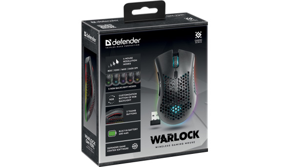 Мишка Defender Warlock GM-709L RGB ігрова, бездротова 2400dpi., 7кн., чорна - 594080
