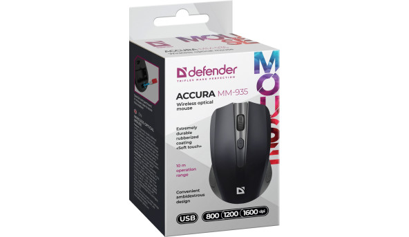 Мишка Defender Accura MM-935 бездротова, 4 кн. до 1600 dpi, чорна - 594098