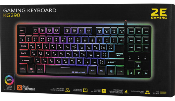 Клавіатура 2E ігрова KG290 87 keys LED USB Black UKR - 594326