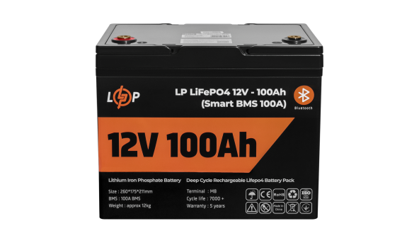 Акумулятор LP LiFePO4 12V (12,8V) - 100 Ah (1280Wh) (Smart BMS 100А) з BT пластик