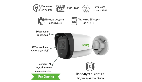 TC-C32WS Spec: I5/E/Y/M/H/4mm 2МП Циліндрична камера - 595283