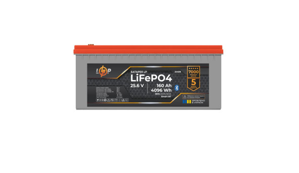 Акумулятор LP LiFePO4 25,6V - 160 Ah (4096Wh) (BMS 200A/100А) пластик LCD Smart BT